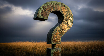 Large metal question mark sculpture in grassy field under dramatic sky, symbolizing uncertainty, inquiry, or contemplation