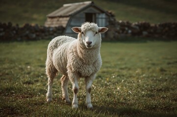 Obraz premium Complete vertical shot of a white sheep standing near a wooden door