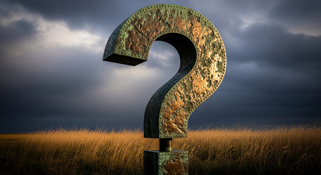 Large metal question mark sculpture in grassy field under dramatic sky, symbolizing uncertainty, inquiry, or contemplation