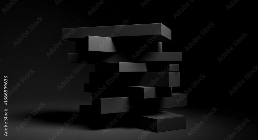 Aufkleber abstract image of stacked black blocks on dark background, creating a minimalist and geometric displ