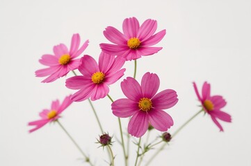 Macro shot of vibrant pink cosmos flowers against a white backdrop in a controlled studio environment