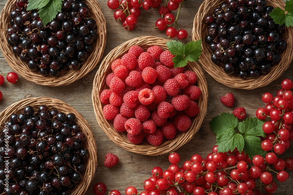 Poster assorted summer berries displayed on a surface with red currant sprigs