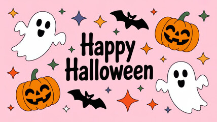 Whimsical halloween illustration with friendly ghosts carved pumpkins bats and sparkling stars on a pink background