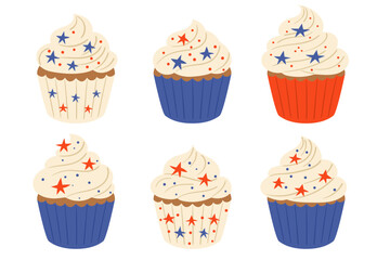 Patriotic cupcakes with USA flag colors and star sprinkles isolated vector