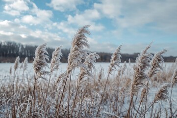 Fototapeta premium Icy marsh plants covered with snow during winter