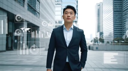 Asian businessman walking with data graphs overlay in a modern city business district setting