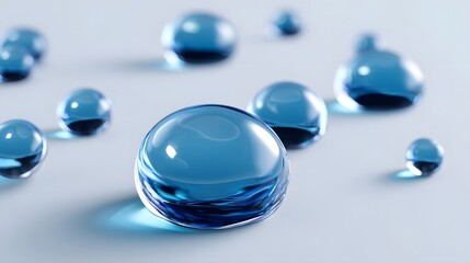 Transparent blue water droplets on a reflective surface.