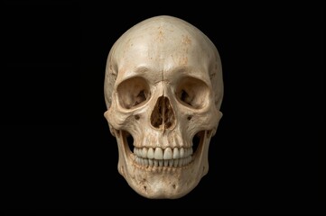 Natural human skull front view against a solid black backdrop