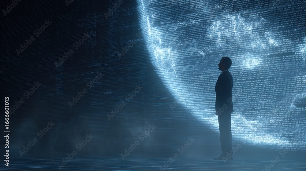 Aufkleber businessman in profile contemplates glowing holographic planet and global data visualization network
