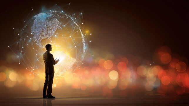 Businessman in profile contemplates glowing holographic planet and global data visualization network, symbolizing artificial intelligence, digital transformation, and futuristic technology concepts.