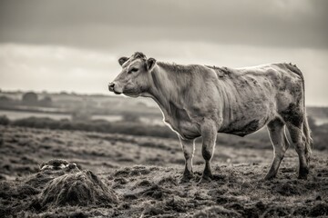 "Thin Cow Walking on Dry Soil in Rural Farmland &ndash; Livestock in Arid Environment"