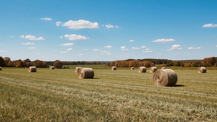 Obraz premium Bales of recently harvested hay scattered across a meadow