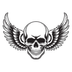 Classic monochrome winged skull illustration, a powerful symbolic emblem capturing rebellion and freedom, perfect for vintage graphic designs and bold visual statements