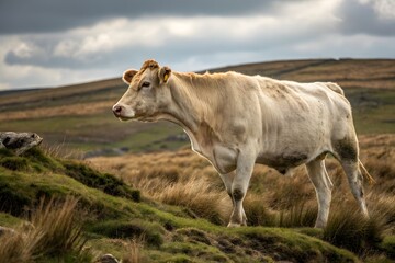 "White Cow Standing on Rocky Hill in Mountainous Landscape &ndash; Natural Pasture Scene"