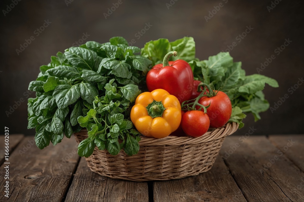 Poster assorted fresh veggies displayed on rustic wood with a soft-focus backdrop
