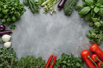 Assortment of raw vegetables and herbs surrounding blank area on a neutral grey surface, culinary backdrop