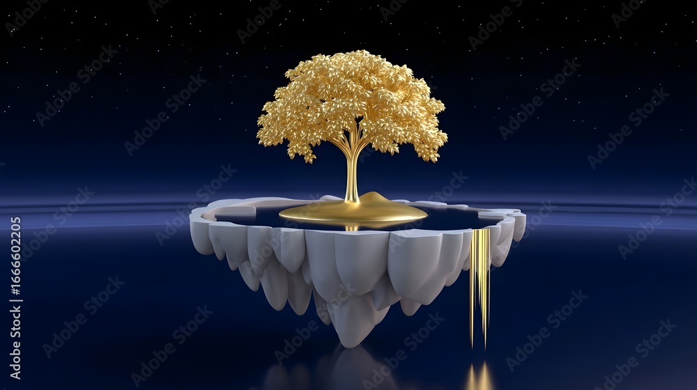 Poster surreal floating golden tree on an ethereal platform