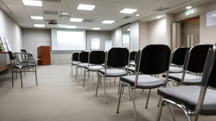 Wideangle view of an empty conference room with a podium, neatly arranged chairs, a presentation screen, and a professional business atmosphere with ample copy space