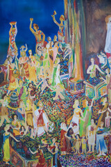 Genre painting ancient Mediterranean market. Selling and buying people life historical illustration. Walking leisure holiday motley people characters. Oil on canvas brush strokes texture.