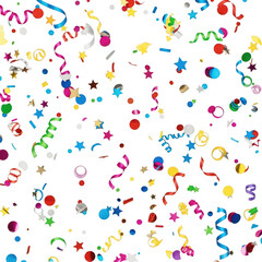 Vibrant confetti and streamers falling create a celebratory atmosphere, perfect for party invitations, event promotions, and festive designs