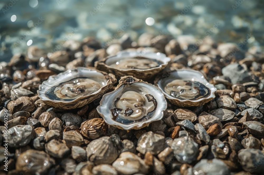 Poster raw oysters on the half shell with a shell backdrop