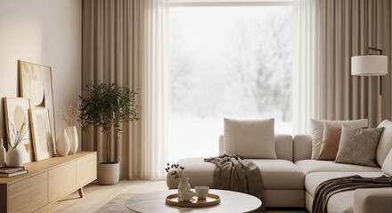 Beige living room interior design showcase, featuring a sectional sofa, coffee table, and window with snowy view.  Neutral color palette creates calm atmosphere, ideal for home decor inspiration