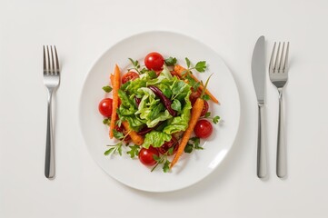 Vertical Arrangement of Fresh Organic Vegetables Surrounding a White Plate with Cutlery