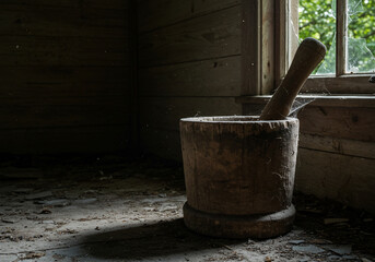 A wooden mortar and pestle sit on a dusty floor near a window in a rustic, abandoned room.