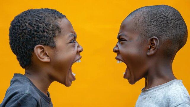 Young boys engage in a playful but intense boxing match with gritted teeth and fists raised.