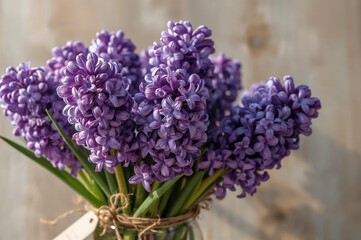 Fototapeta premium Background of fresh hyacinth flowers with a label and empty space for text