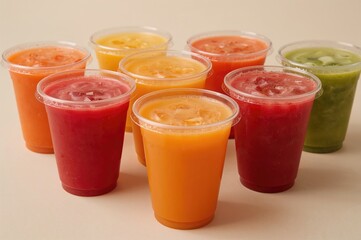 Variety of vibrant fruit beverages served in disposable cups for takeaway