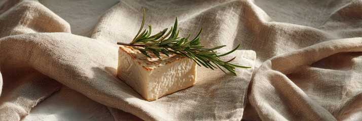 Appetizing goat cheese and aromatic rosemary sprig rests beautifully on natural linen