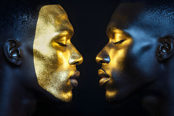 Visage et têtes peintes en dorée, sculpture
