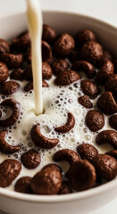 Close-up of milk pouring into bowl of brown cereal balls, creating creamy texture and bubbles, suggesting a delicious and satisfying breakfast