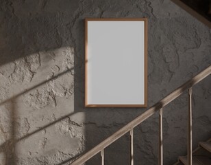 Empty picture frame on a textured wall next to stairs