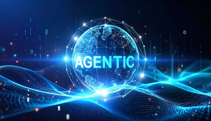 Aqua cyan glowing AI sphere with "AGENTIC Ai" text, binary code streams flowing around in futuristic holographic digital design, symbolizing fluid intelligence and autonomy.
