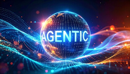 Aqua cyan glowing AI sphere with "AGENTIC Ai" text, binary code streams flowing around in futuristic holographic digital design, symbolizing fluid intelligence and autonomy.