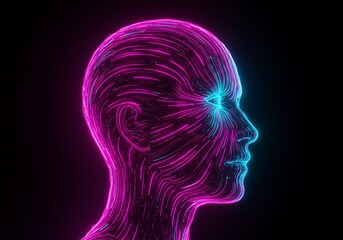 Abstract human head profile with neon light patterns