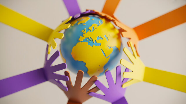 Diverse hands unite around a colorful paper globe symbolizing global connection and cooperation - Powered by Adobe