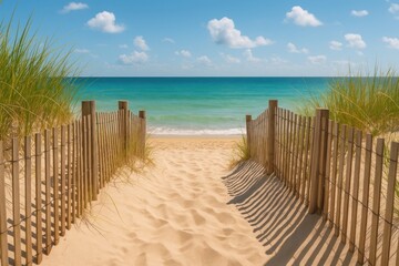 Fototapeta premium Serene beach path ocean view.