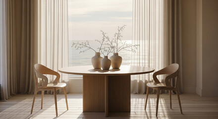 Wooden table with chairs, vases and branches, near a window overlooking the ocean, showcasing a serene and minimalist interior design concept
