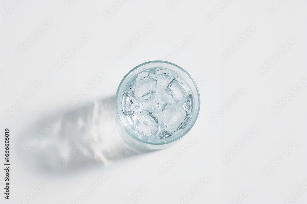 Poster refreshing bottled water and a glass of sparkling water placed on a white surface with ample space a