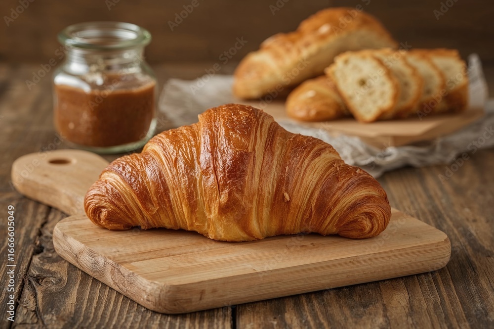 Poster single fresh croissant displayed on rustic wooden board with a soft-focus backdrop of jars and bread
