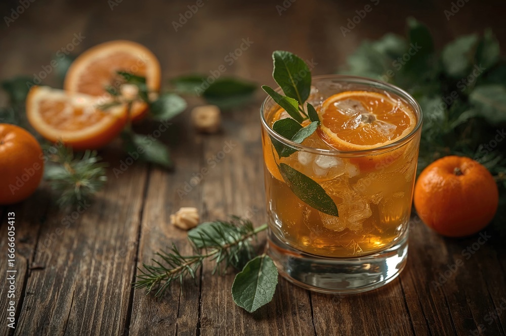 Poster rustic background featuring a fresh drink with mandarins. shallow depth of field and selective focus