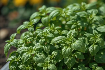 Lush basil leaves backdrop with vibrant greenery and natural texture