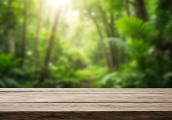 Wooden table in a lush green forest with sunlight