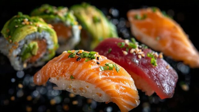 Vibrant sushi display featuring colorful nigiri and maki rolls floating above a reflective black surface.