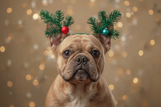 Canine dressed with a humorous holiday tree headpiece