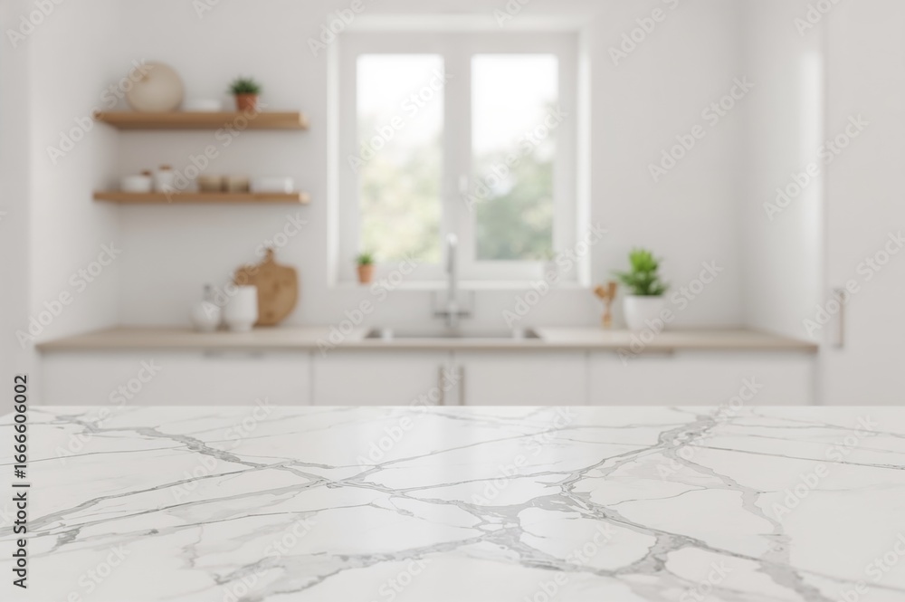 Poster blurred kitchen window view with open space tabletop background