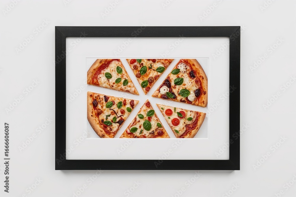 Poster top view of assorted pizza slices arranged in a frame on a white backdrop